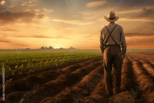 Harvesting Dreams: Farm Worker Amid Sunset, Unprimed Canvas Style, with a Touch of Goosepunk Innovation photo