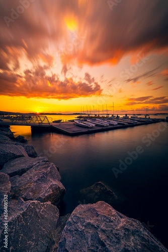 Majestic sunset over Lake Mendota with boats in the foreground in Madison, Wisconsin photo