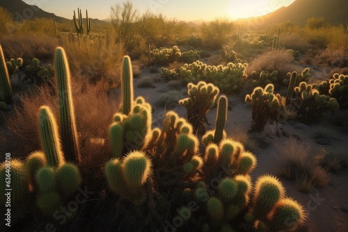 Golden desert dotted with towering cacti under the setting sun., generative IA