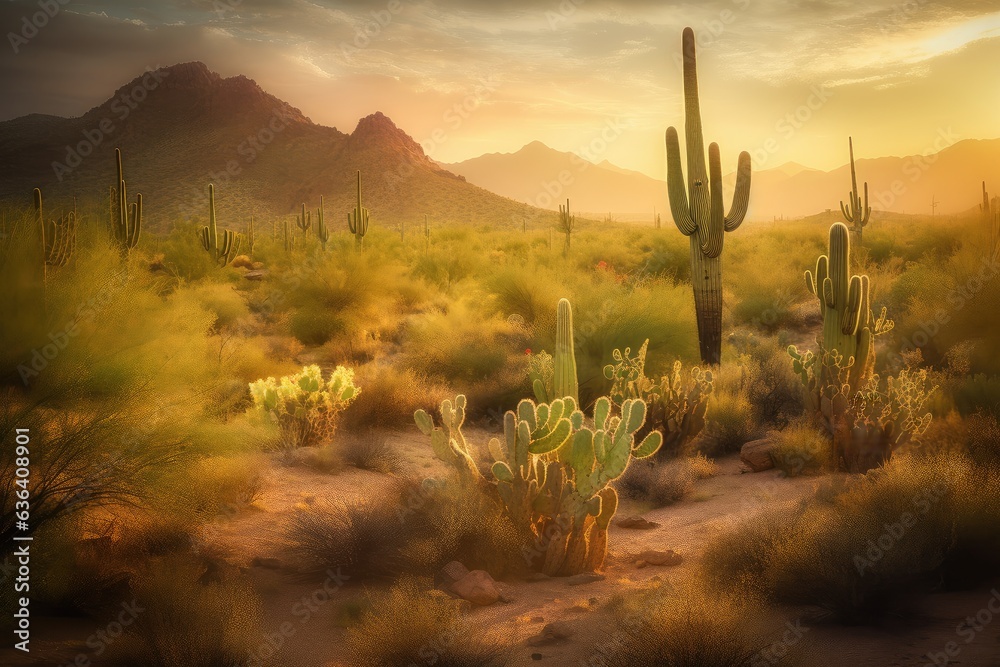 Living desert: towering cacti under the vibrant sunset., generative IA