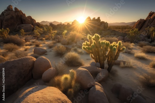 Desert scenery comes alive with towering cacti under the setting sun., generative IA