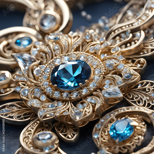 antique gold and blue gem closeup view