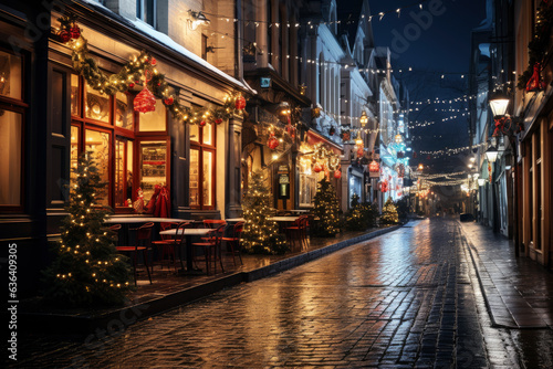 Night city winter snowy street decorated with luminous garlands and lanterns for christmas, urban preparations for new year © staras
