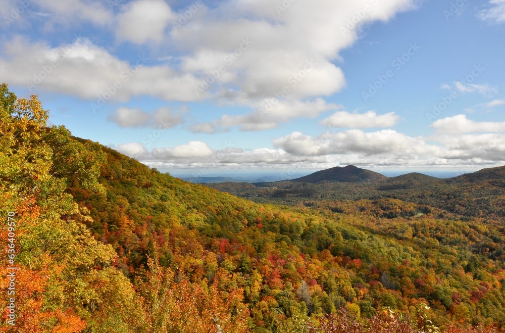Scenic view of a mountain range covered with autumn forests in North Carolina