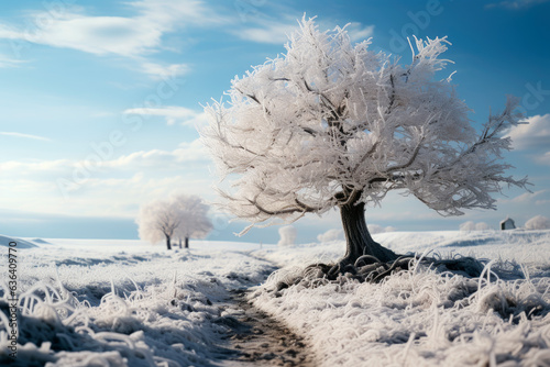 Snowy winter landscape in the countryside, a path among trees covered with frost, cold season wallpaper © staras