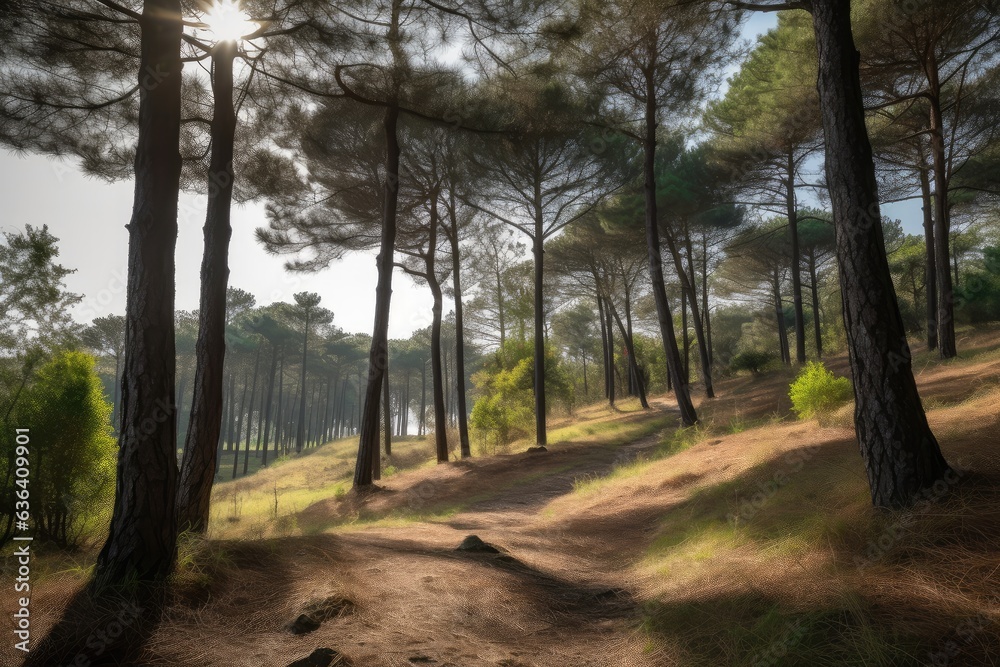 Pines: Birds, stream and majestic pines under the sun., generative IA