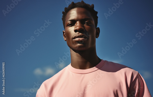 Contrasting Hues of Labor: Young Man in Slumped T-Shirts, Marrying Dark Blue and Sky-Blue, Exemplifying Laborwave, Organic Minimalism, and Carpetpunk Aesthetics photo