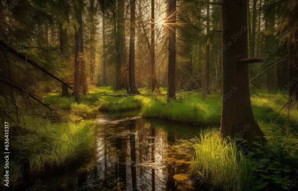 Fototapeta premium Serene pine forest, stream, wildlife., generative IA