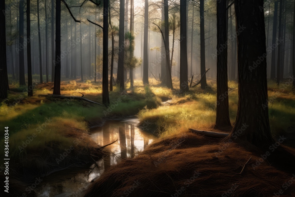 Pine forest, meandering stream, deer between trunks. Play of light and shadow., generative IA