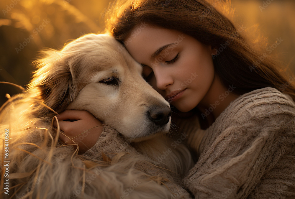 woman and dog. Beautiful young woman with golden retriever puppy in field at sunset