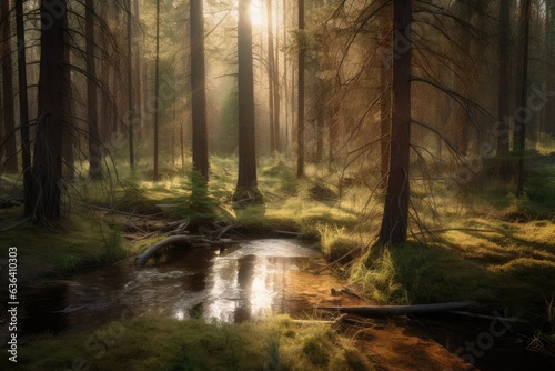 Serene pine forest  stream  wildlife.  generative IA