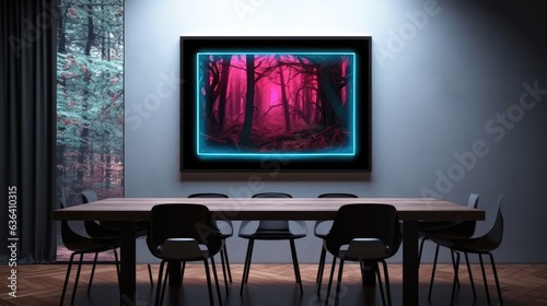 A neon square frame glows mysteriously in a dark forest, casting a luminescent sheen over the surrounding trees and underbrush. This unexpected beacon of light juxtaposes the natural serenity