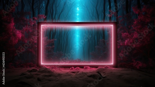 A neon square frame glows mysteriously in a dark forest, casting a luminescent sheen over the surrounding trees and underbrush. This unexpected beacon of light juxtaposes the natural serenity