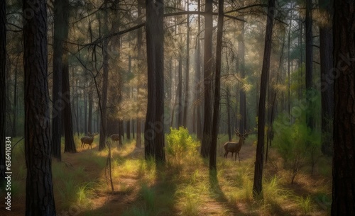 Pine forest, meandering stream, deer between trunks. Play of light and shadow., generative IA © Lindamar
