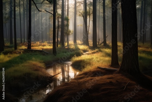 Pine forest  meandering stream  deer between trunks. Play of light and shadow.  generative IA