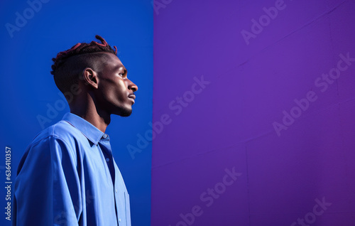 Contrasting Hues of Labor: Young Man in Slumped T-Shirts, Marrying Dark Blue and Sky-Blue, Exemplifying Laborwave, Organic Minimalism, and Carpetpunk Aesthetics photo