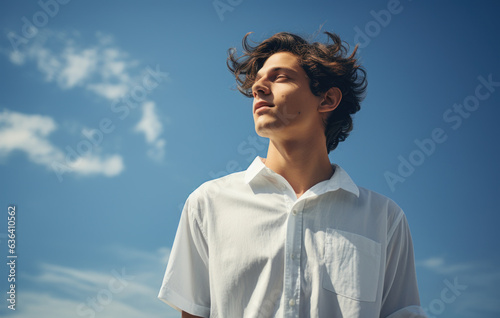 Contrasting Hues of Labor: Young Man in Slumped T-Shirts, Marrying Dark Blue and Sky-Blue, Exemplifying Laborwave, Organic Minimalism, and Carpetpunk Aesthetics photo