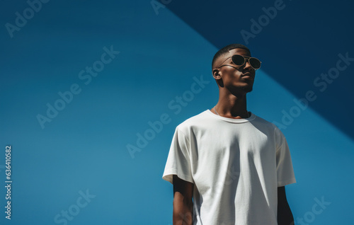 Contrasting Hues of Labor: Young Man in Slumped T-Shirts, Marrying Dark Blue and Sky-Blue, Exemplifying Laborwave, Organic Minimalism, and Carpetpunk Aesthetics photo