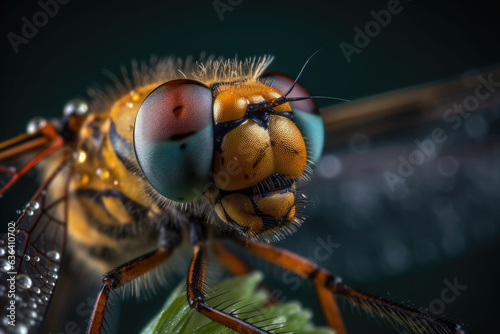 A macro shot of a dragonfly with delicate transparent wings on a blurred background. Generative AI