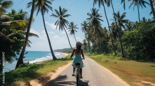 A Woman with a Bike Rides Along a Road. Generative AI