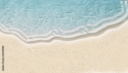 Abstract white sand beach with transparent water wave from above, concept banner background photo
