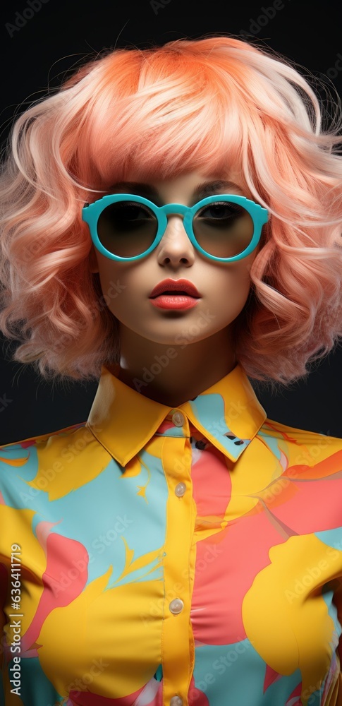 Fashionable woman with colorful wig and stylish eyewear, giving a captivating smile.

