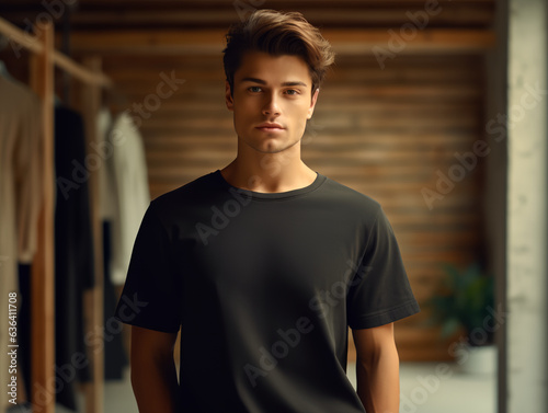 man standing while wearing black empty mock-up shirt, tshirt
