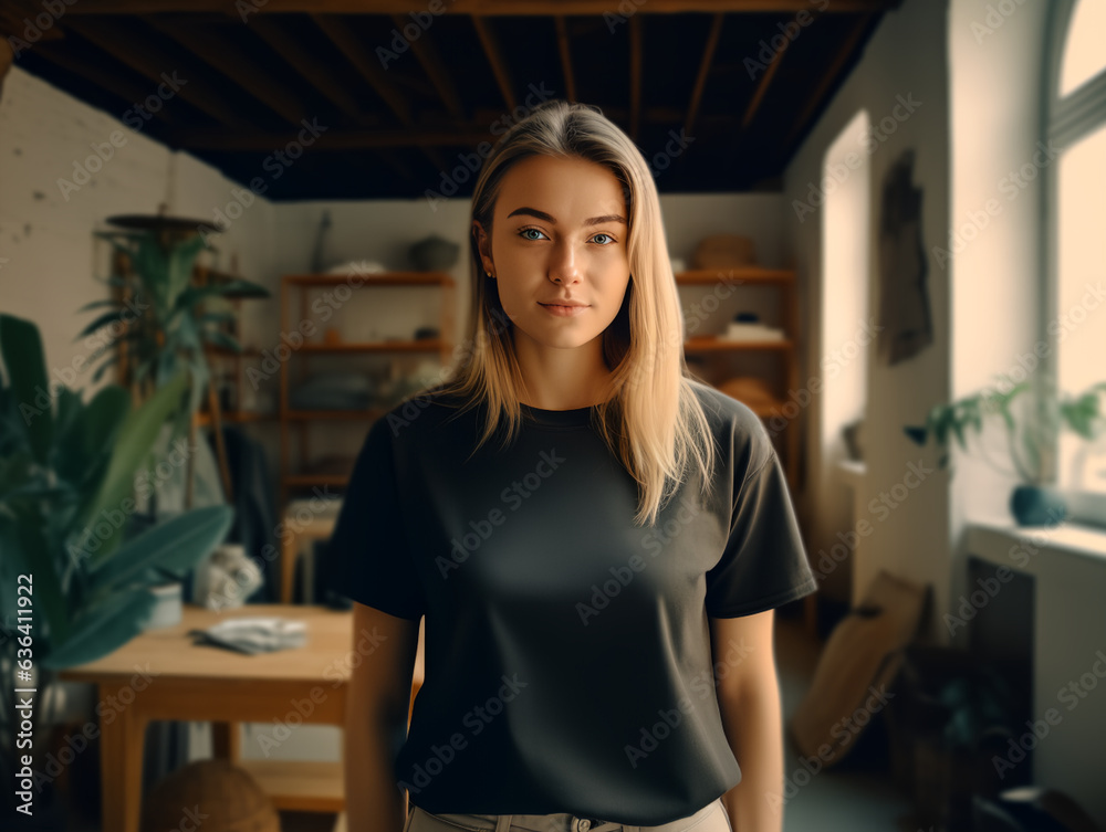 girl standing while wearing black empty mock-up shirt, tshirt