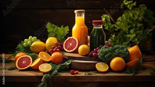 Vibrant Assortment of Refreshing Citrus Fruit and Greens in Wooden Container