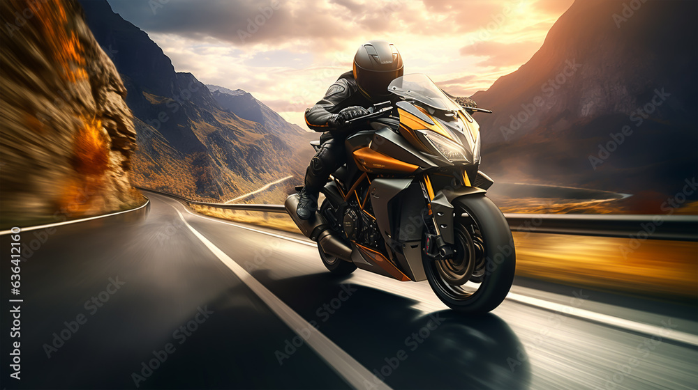 Motorcycle rider riding on the highway road. Extreme sport concept. bike race on track Motorcycle rider riding on the highway road. Extreme sport concept. bike race on track