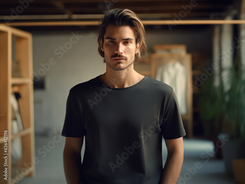 man standing while wearing black empty mock-up shirt, tshirt