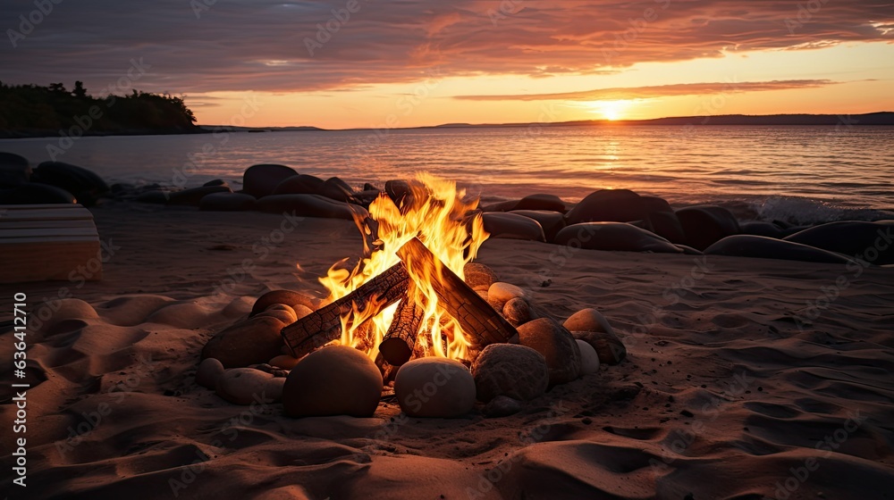A fire pit on a beach with a sunset in the background. - obrazy, fototapety, plakaty 