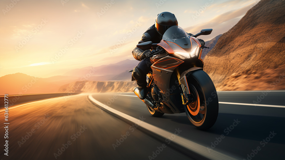 Naklejka premium Motorcycle rider riding on the highway road. Extreme sport concept. bike race on track