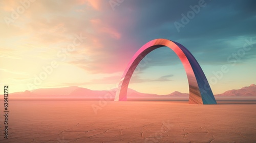 In the vast expanse of the desert, a stark black arch stands prominently, contrasting with the sandy surroundings. The structure, designed in the style of colorful surrealism