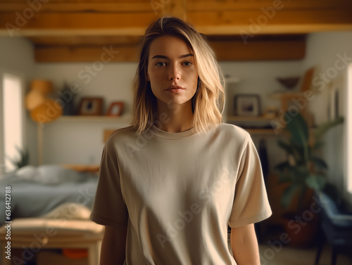 girl standing while wearing white empty mock-up shirt, tshirt