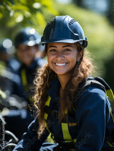 Retrato de ingeniero electricista en casco de seguridad y uniforme usando paneles solares de verificación de laptops. Técnicas mujeres en la estación solar. © Claudiu