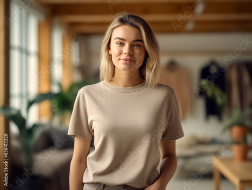 girl standing while wearing white empty mock-up shirt, tshirt
