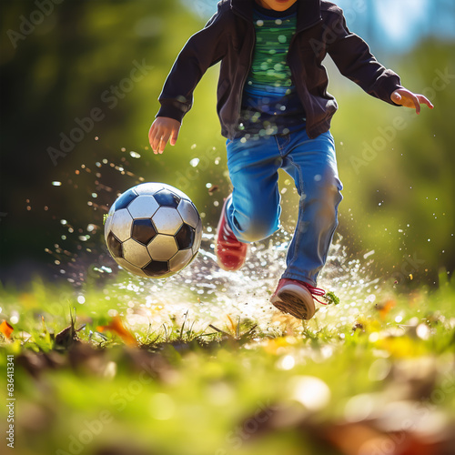 Child playing football on the field. Little boy kicking a soccer ball.