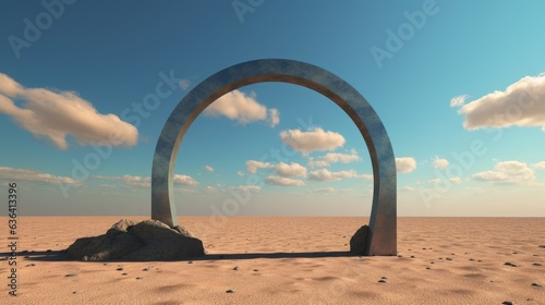 In a vast desert landscape  a striking black arch emerges  its sharp contrast emphasized against the barren surroundings. The scene  rendered in the style of surrealism