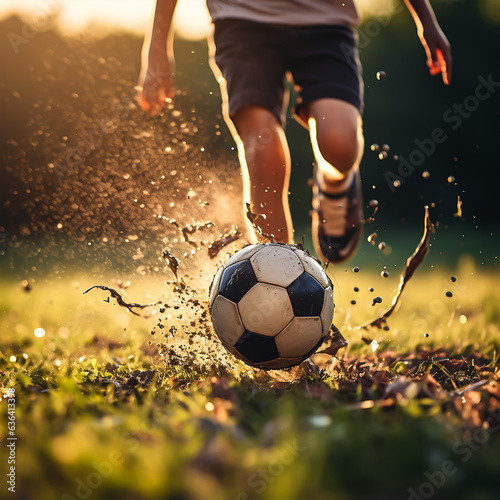 Child playing football on the field. Little boy kicking a soccer ball.