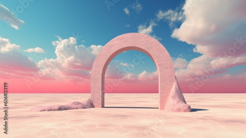 In a vast desert landscape, a striking black arch emerges, its sharp contrast emphasized against the barren surroundings. The scene, rendered in the style of surrealism © Mahenz