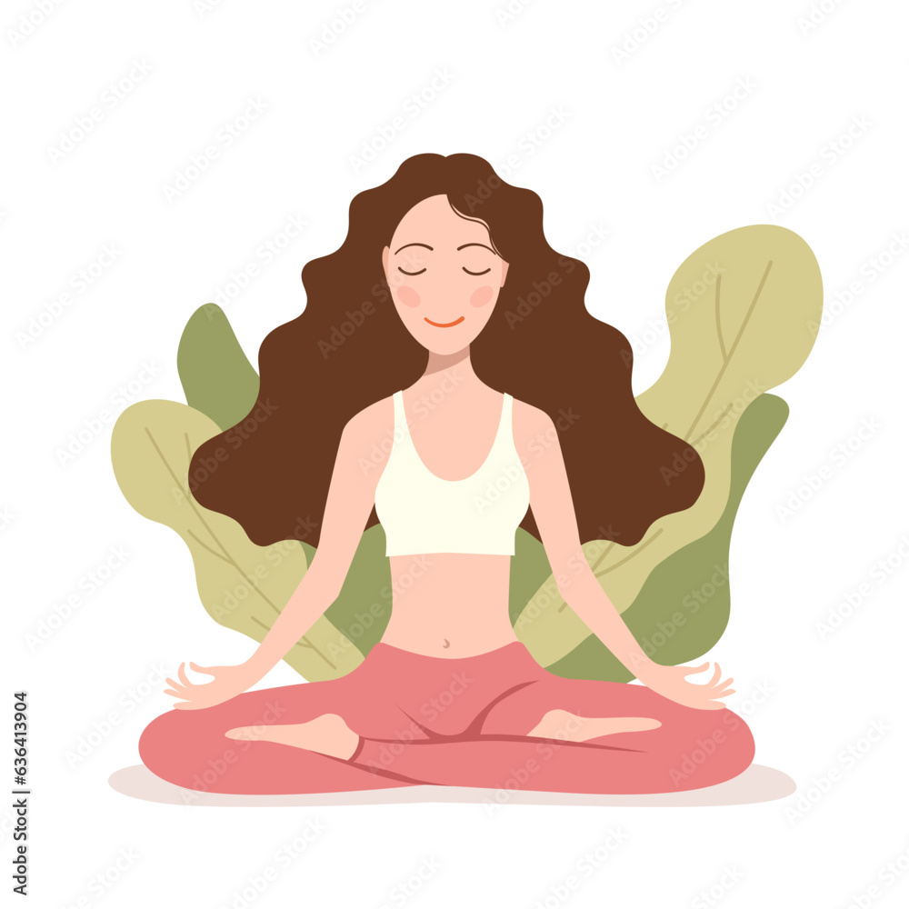 young girl sits in a lotus position with an open mind and meditates. vector illustration. Yoga, meditation concept young girl sits in a lotus position with an open mind and meditates. vector illustration. Yoga, meditation concept