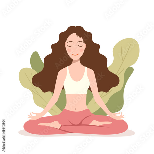 young girl sits in a lotus position with an open mind and meditates. vector illustration. Yoga, meditation concept