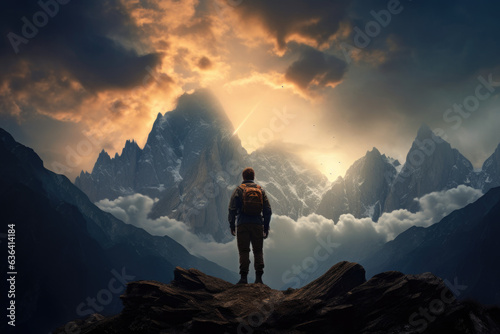 Man hiker with backpack on top of the mountain back, looking at the snow slope. Concept motivation and goal achievement