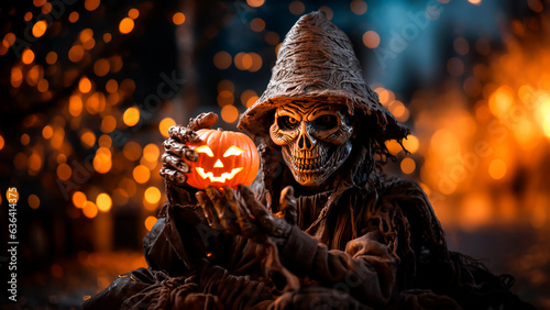 Scary skeleton statue with pumpkin lantern on background of burning candles. Halloween concept.