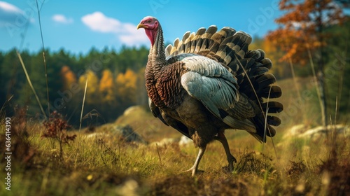 A strutting wild turkey in a grassy field photo