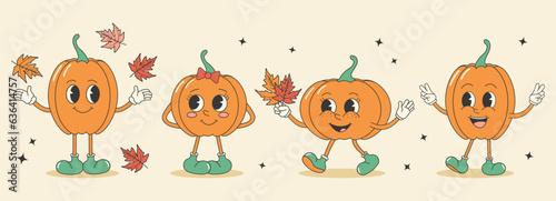 Groovy autumn fall set. Cute retro pumpkin stickers.