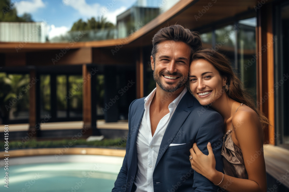 Portrait of a happy couple of billionaires outside their new mansion. - obrazy, fototapety, plakaty 