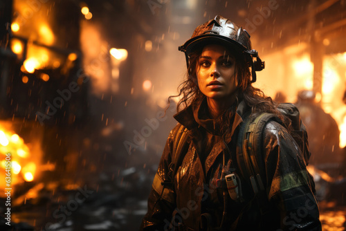 Female firefighter in the middle of a fire photo