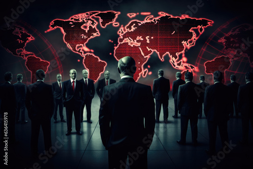 Conspiracy theory about global conspiracy and shadow government. Elderly rich men in business suits near world map discuss fate of humanity photo